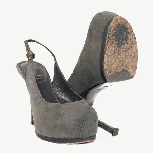 Yves Saint Laurent Tribtoo Grey Suede Platform Slingback Pumps - Picture 4 of 11